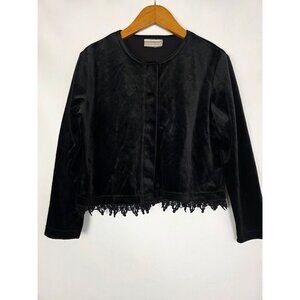 Vintge Coldwater Creek Womens Black Velvet Velour Cardigan Lace Hem Button Up